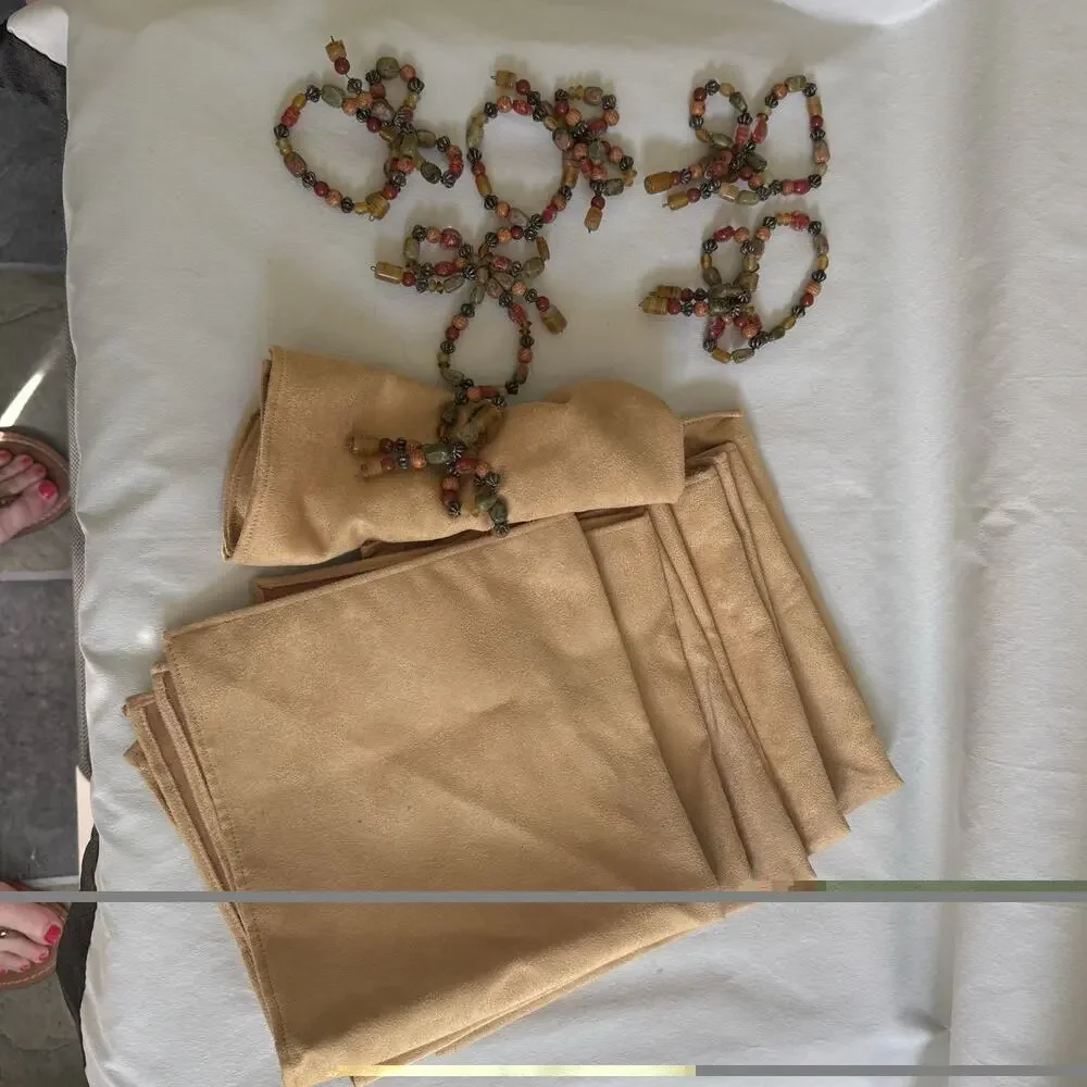 Beaded Napkin Set Gold Brown Cream Table Linens Rings Elegant Dining Decor